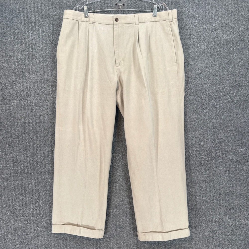 Brooks Brothers Elliot Pants Men 40x30 Beige Pleated Cuffed Italian Cotton Twill
